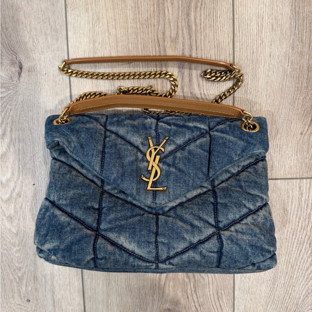 Yves Saint Laurent Quilted Denim Shoulder Bag with Gold Accents